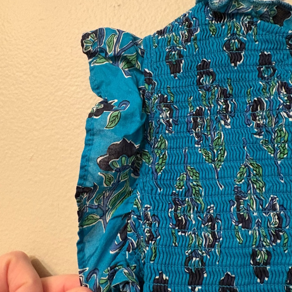 French Connection Smocked Floral Blue Green Flutter Sleeve Dress Girls Size 7/8 - Picture 7 of 8